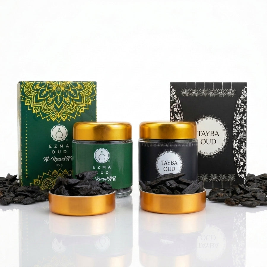 Bakhoor gift set: Al Rawdah and Tayba Black 35g jars by EZMA OUD Malaysia