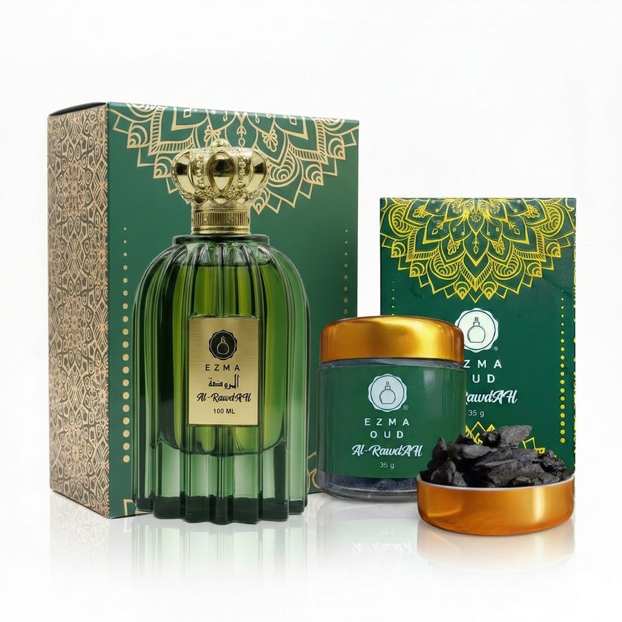 Al Rawdah bakhoor burning on charcoal beside the matching perfume