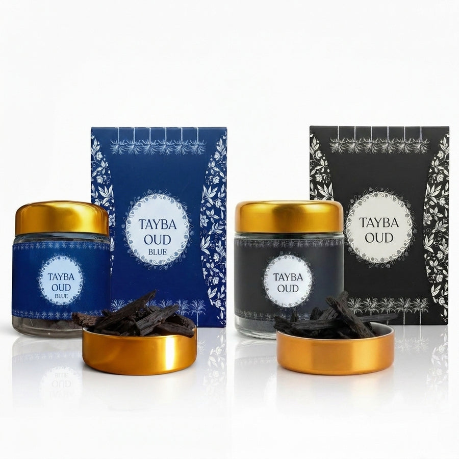 Tayba Blue and Tayba Black bakhoor jars with charcoal and lighter