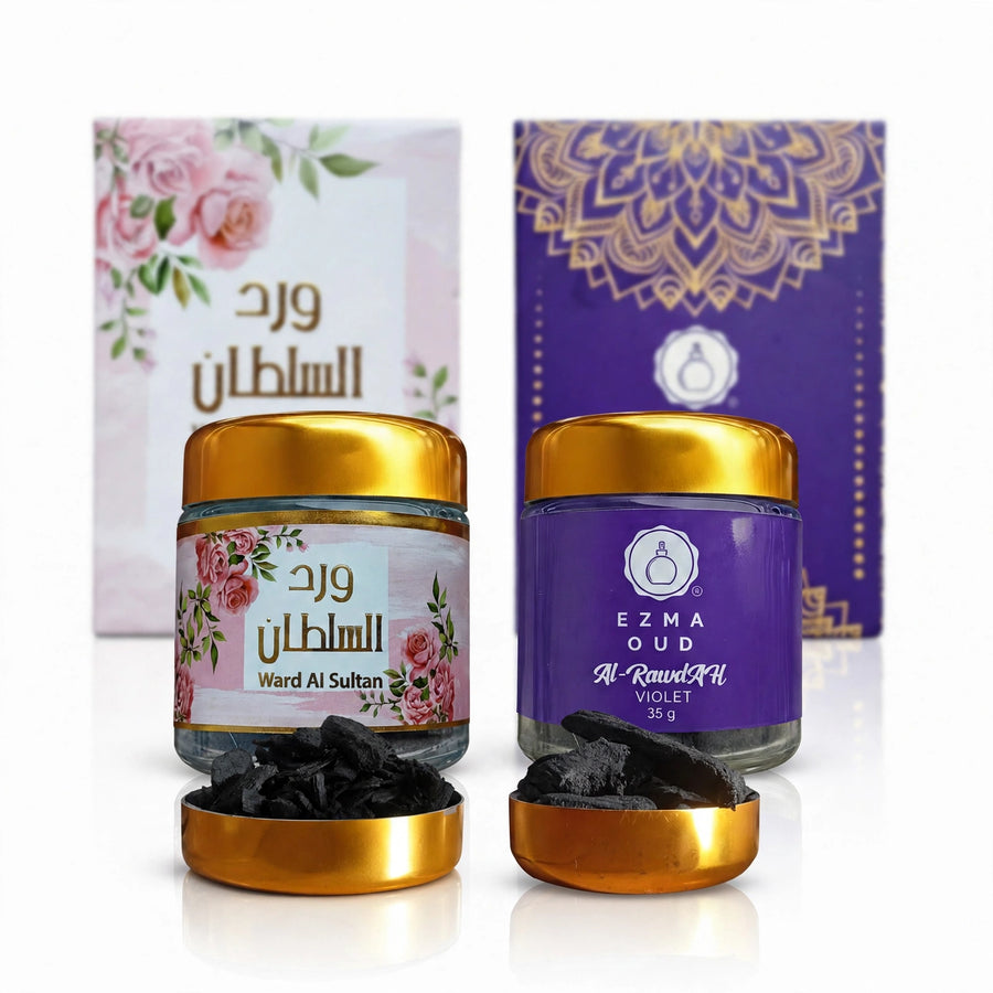 EZMA OUD rose bakhoor gift set packaging with two 35g jars