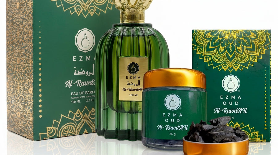 EZMA OUD Al Rawdah bakhoor and perfume gift set packaging