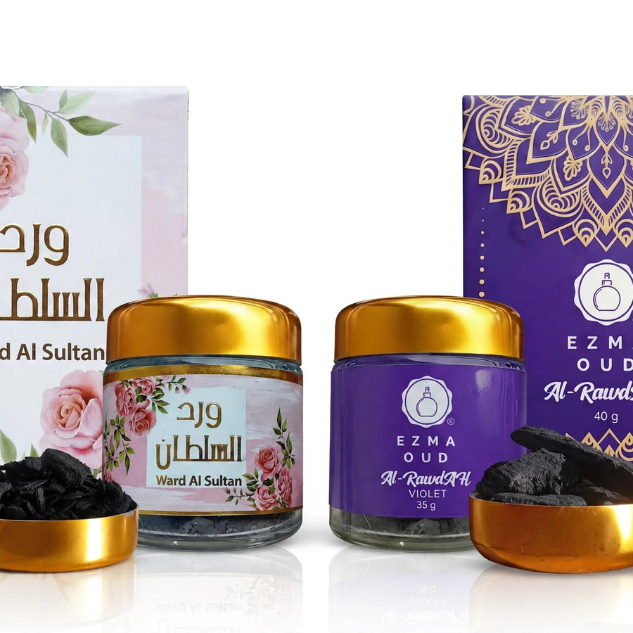 Rose oud bakhoor set burning on charcoal at home in Malaysia