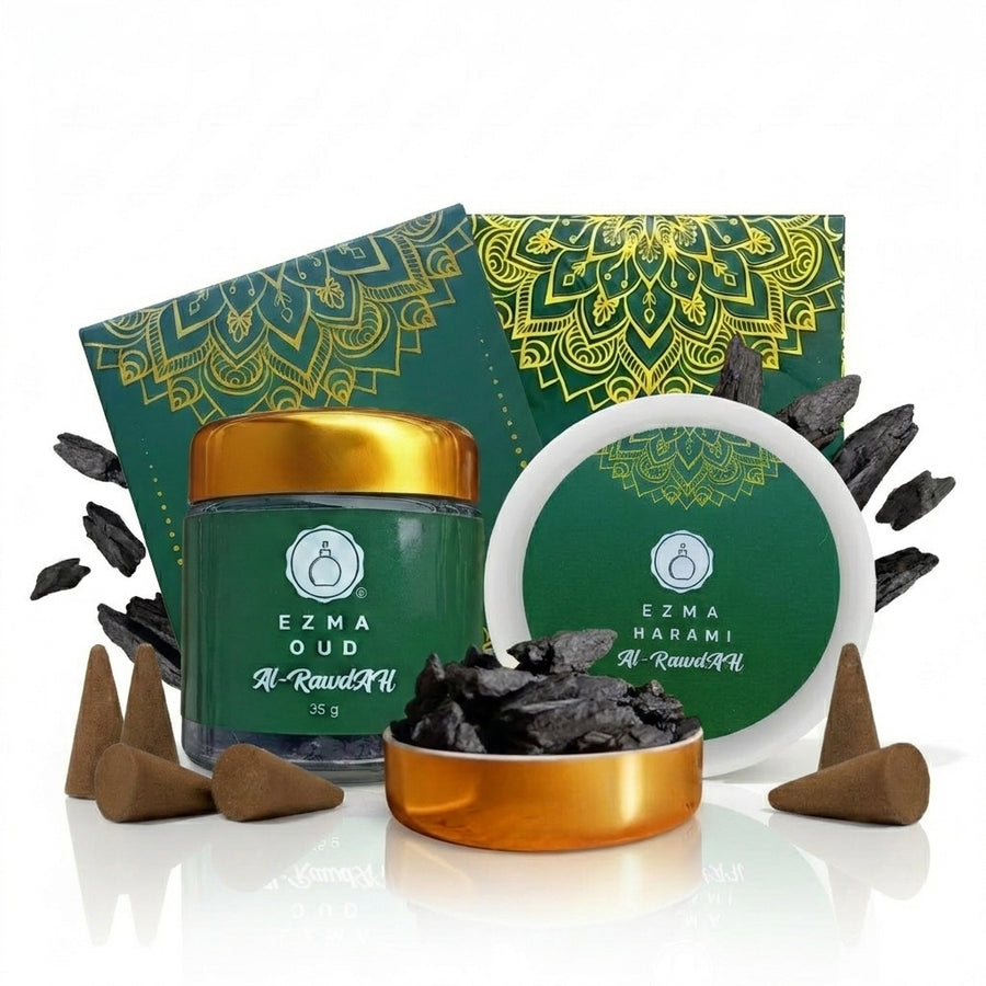 Al Rawdah bakhoor jar plus no-charcoal Harami cones set by EZMA OUD