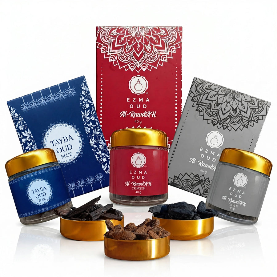 Bakhoor discovery set: Silver, Tayba Blue and Crimson 35g by EZMA OUD