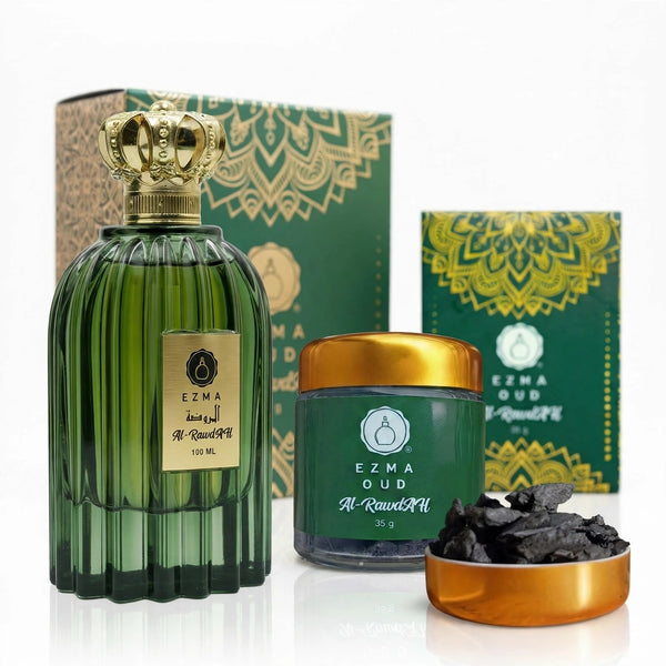 Al Rawdah bakhoor 35g and Al Rawdah eau de parfum set by EZMA OUD