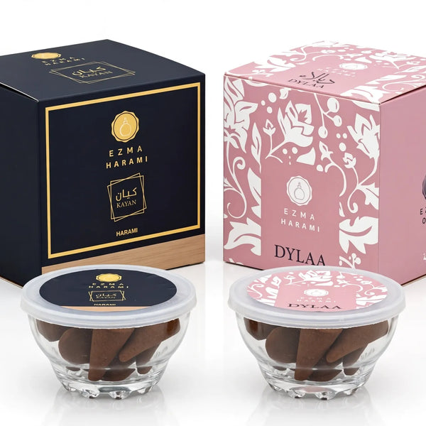 Kayan and Dylaa self-igniting bakhoor cones, two boxes of 12