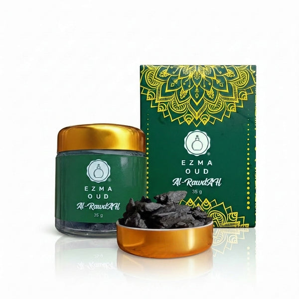 Bakhoor Al Rawdah 35g jar — Raudhah-scented bukhoor (bakhoor bau Raudhah) by EZMA OUD, made in Saudi Arabia