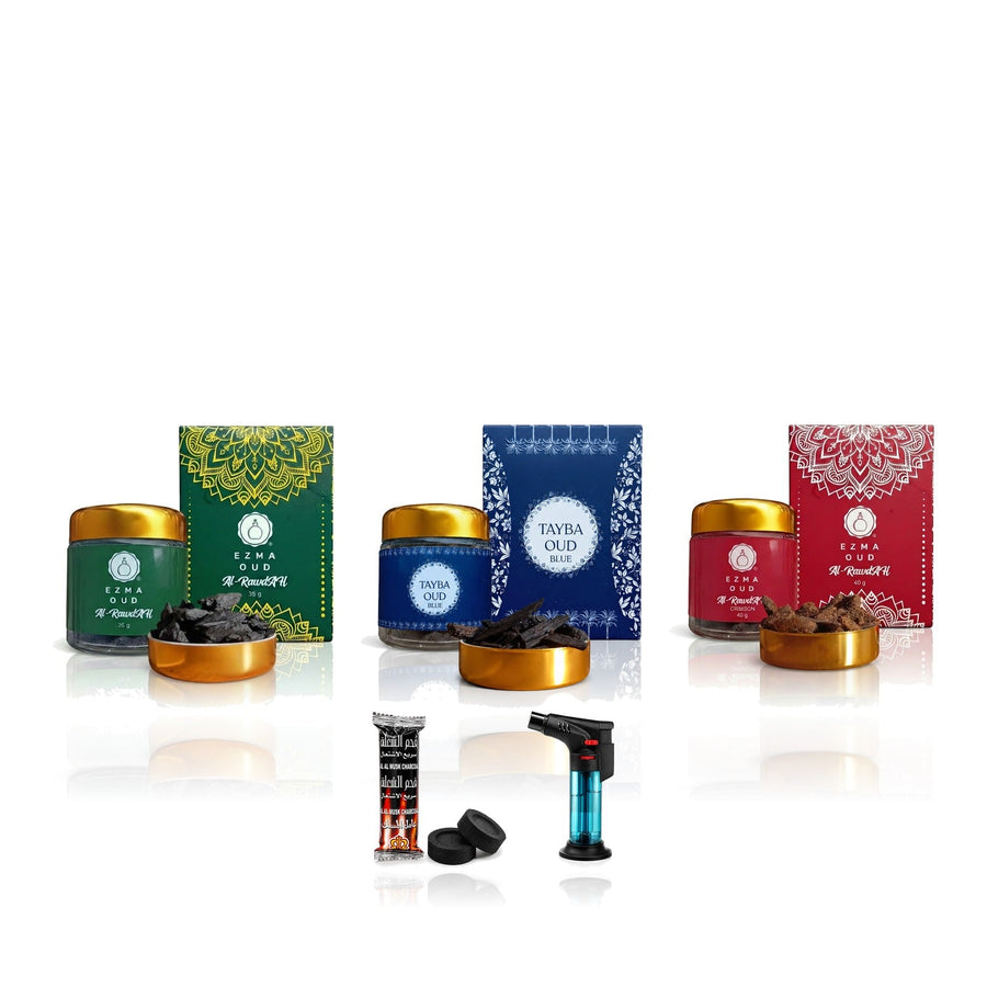 Discovery Trio - Bakhoor Al Rawdah + Tayba Blue + Crimson with free charcoal and lighter