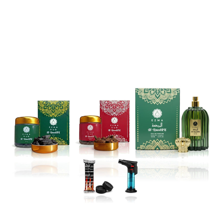 Luxury Gift Set - 2 premium bakhoors + Al Rawdah EDP 100ml with free charcoal and lighter