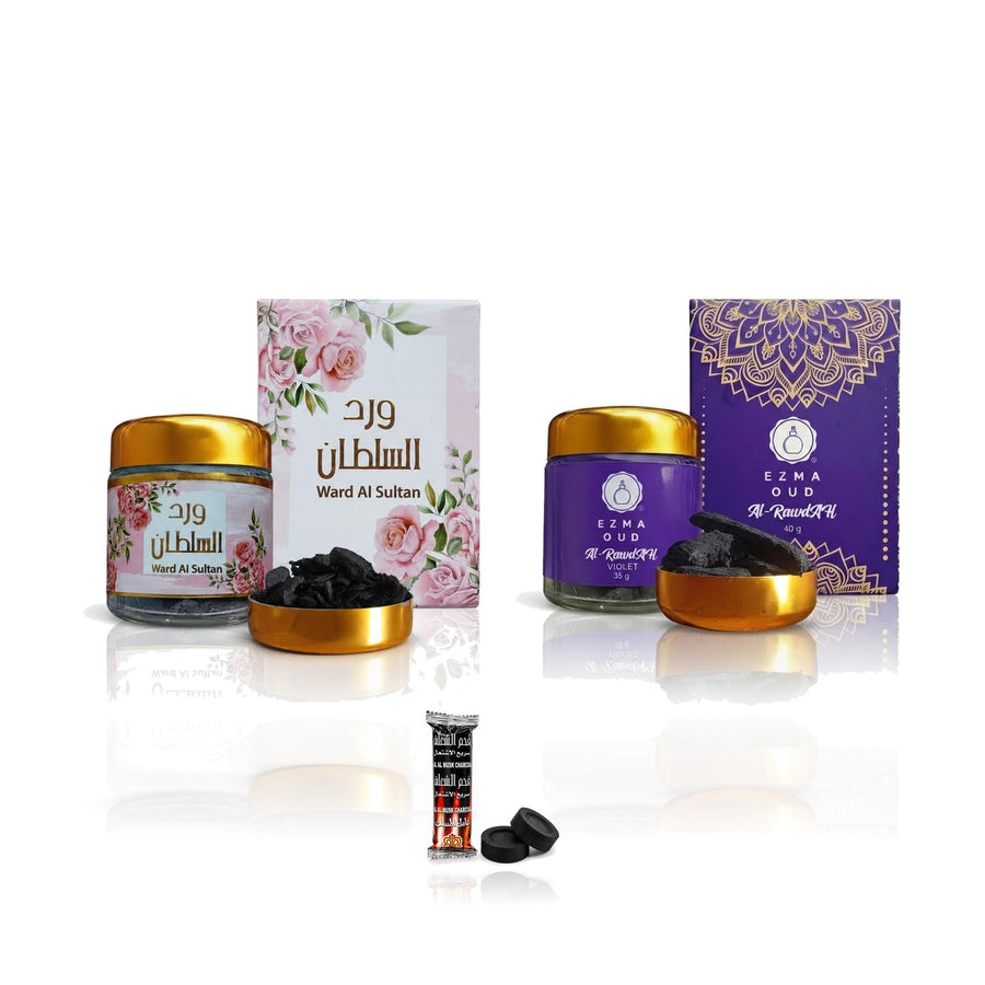 Royal Rose Duo - Bakhoor Ward AlSultan + Al-Rawdah Violet with free charcoal